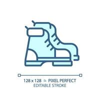 2D pixel perfect blue hiking boot icon, isolated vector, editable hiking gear thin line illustration. vector