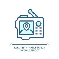 2D pixel perfect blue GPS icon, isolated vector, editable hiking gear thin line illustration. vector