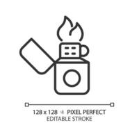 2D pixel perfect black lighter icon, isolated vector, editable hiking gear thin line illustration. vector