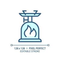 2D pixel perfect blue camping stove icon, isolated vector, editable hiking gear thin line illustration. vector