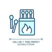 2D pixel perfect blue match box and sticks icon, isolated vector, editable hiking gear thin line illustration. vector