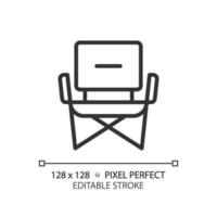 2d píxel Perfecto negro cámping silla icono, aislado vector, editable excursionismo engranaje Delgado línea ilustración. vector