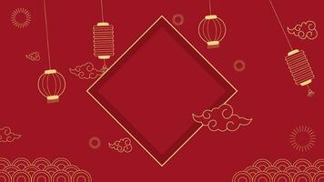 Animation of Happy chinese new year with flower,lantern, asian elements gold on Red Background. video