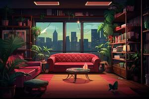 Living room interior with city view from window. Room cartoon style. Generative AI photo