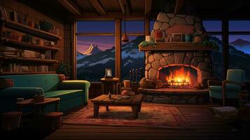 Living room interior with fireplace with a view of the mountains from the window. Room cartoon style. Generative AI photo