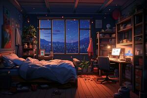 Bedroom interior with city night view from window. Room cartoon style. Generative AI photo