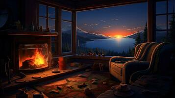 Living room interior with fireplace with a view of the mountains from the window. Room cartoon style. Generative AI photo