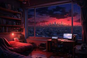 dormitorio interior con ciudad noche ver desde ventana. habitación dibujos animados estilo. generativo ai foto