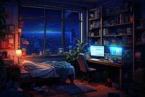 Bedroom interior with city night view from window. Room cartoon style. Generative AI photo