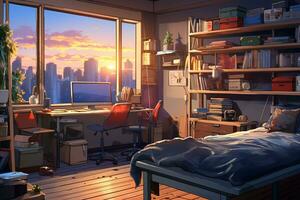 Bedroom interior with city view from window. Room cartoon style. Generative AI photo