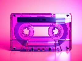 antiguo Clásico audio casete cinta iluminado por rosado y azul lámparas frente, parte superior vista. generativo ai foto