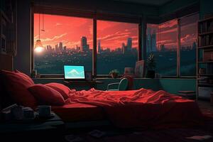 dormitorio interior con ciudad noche ver desde ventana. habitación dibujos animados estilo. generativo ai foto