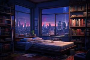 Bedroom interior with city view from window. Room cartoon. Generative AI photo