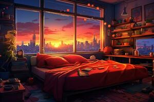 Bedroom interior with city night view from window. Room cartoon style. Generative AI photo