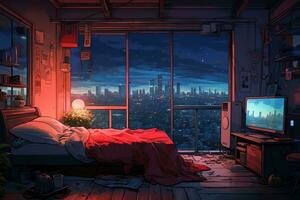 Bedroom interior with city night view from window. Room cartoon style. Generative AI photo