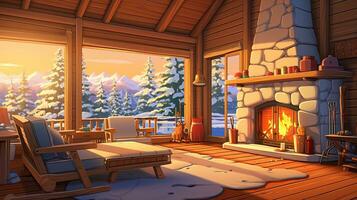 Living room interior with fireplace with a view of the mountains from the window. Room cartoon style. Generative AI photo