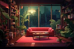 Living room interior with city view from window. Room cartoon style. Generative AI photo