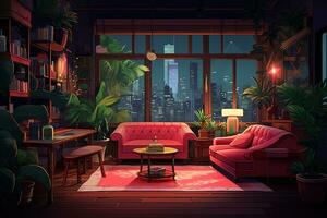 Living room interior with city view from window. Room cartoon style. Generative AI photo