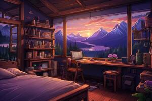 dormitorio interior con un ver de el montañas desde el ventana. habitación dibujos animados estilo. generativo ai foto