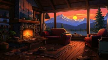 Living room interior with fireplace with a view of the mountains from the window. Room cartoon style. Generative AI photo