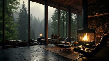 Chalet interior with fireplace with forest view from window. Generative AI photo