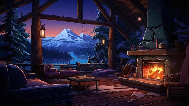 Living room interior with fireplace with a view of the mountains from the window. Room cartoon style. Generative AI photo