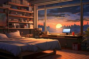 Bedroom interior with a view of the mountains from the window. Room cartoon style. Generative AI photo