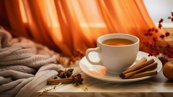 Pumpkin spice cup of tea stock photo, cozy teatime autumn drink, Generative AI photo