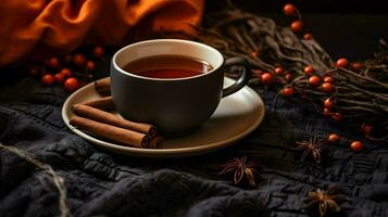 Pumpkin spice cup of tea stock photo, cozy teatime autumn drink, Generative AI photo