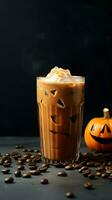 Pumpkin spice latte, iced coffee background photo, Generative AI photo