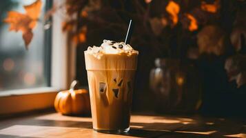 Pumpkin spice latte, iced coffee background photo, Generative AI photo