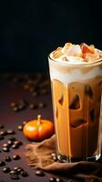 Pumpkin spice latte, iced coffee background photo, Generative AI photo