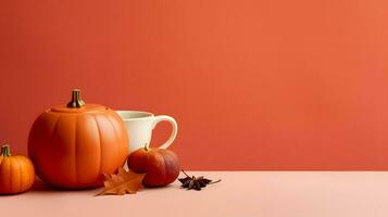 Pumpkin spice cup of tea stock photo, cozy teatime autumn drink, Generative AI photo