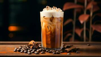 Pumpkin spice latte, iced coffee background photo, Generative AI photo
