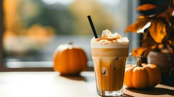 calabaza especia latté, con hielo café antecedentes foto, generativo ai foto