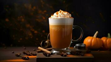 Pumpkin spice latte, iced coffee background photo, Generative AI photo