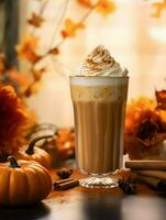 Pumpkin spice latte, iced coffee background photo, Generative AI photo