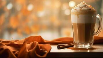 Pumpkin spice latte, iced coffee background photo, Generative AI photo