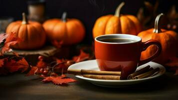 calabaza especia taza de té valores foto, acogedor la hora del té otoño beber, generativo ai foto