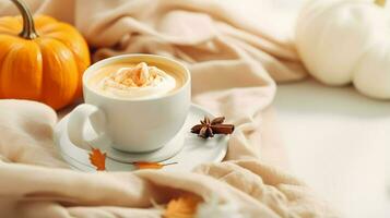 Pumpkin spice cup of tea stock photo, cozy teatime autumn drink, Generative AI photo