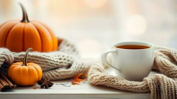 Pumpkin spice cup of tea stock photo, cozy teatime autumn drink, Generative AI photo