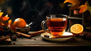 Pumpkin spice cup of tea stock photo, cozy teatime autumn drink, Generative AI photo