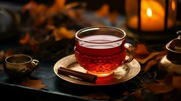 Pumpkin spice cup of tea stock photo, cozy teatime autumn drink, Generative AI photo