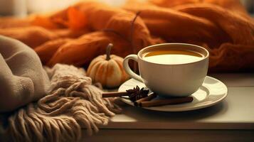 Pumpkin spice cup of tea stock photo, cozy teatime autumn drink, Generative AI photo