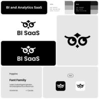 Monochrome business logo with branding for BI and analytics SaaS. Owl icon. Design element. Visual identity. Template with poppins font. Suitable for business intelligence, software, cloud computing. vector