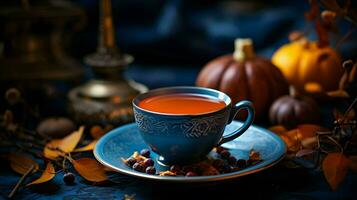 Pumpkin spice cup of tea stock photo, cozy teatime autumn drink, Generative AI photo
