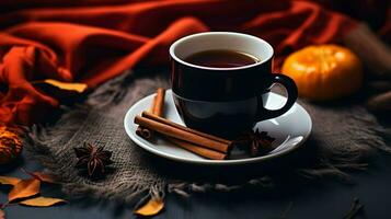 Pumpkin spice cup of tea stock photo, cozy teatime autumn drink, Generative AI photo