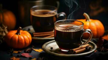 Pumpkin spice cup of tea stock photo, cozy teatime autumn drink, Generative AI photo