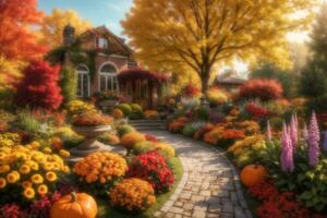 a beautiful garden with colorful flowers and pumpkins AI Generative photo