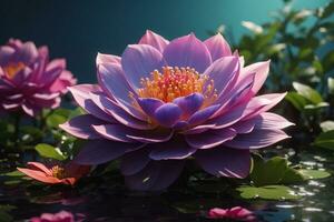 lotus flower in the water with leaves and water lily AI Generative photo